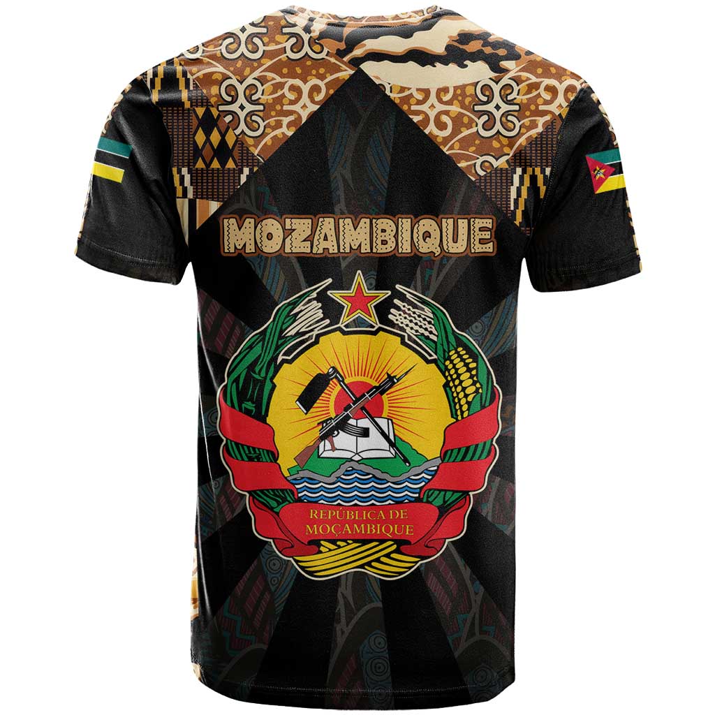 Mozambique T Shirt with Black Brown Tribal Design and National Emblem - Wonder Print Shop