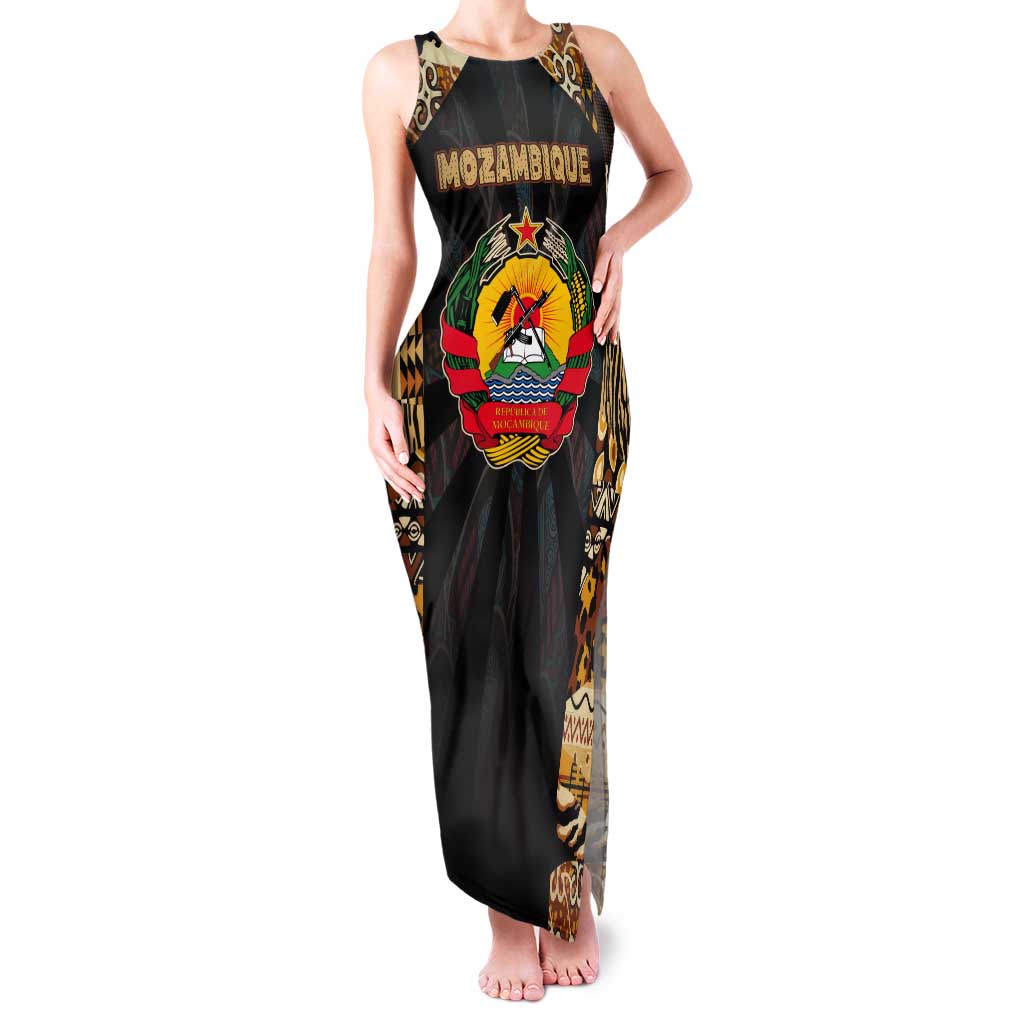 Mozambique Tank Maxi Dress with Black Brown Tribal Design and National Emblem - Wonder Print Shop