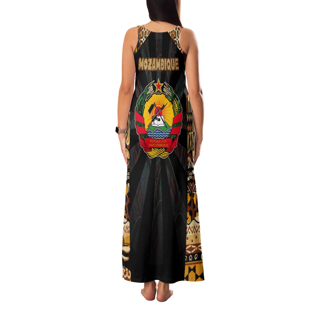 Mozambique Tank Maxi Dress with Black Brown Tribal Design and National Emblem - Wonder Print Shop