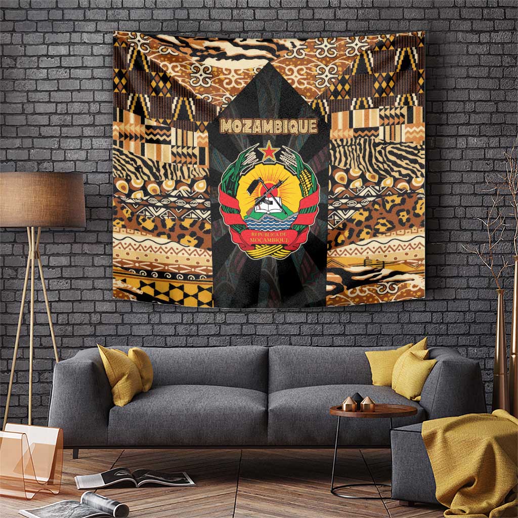 Mozambique Tapestry with Black Brown Tribal Design and National Emblem - Wonder Print Shop