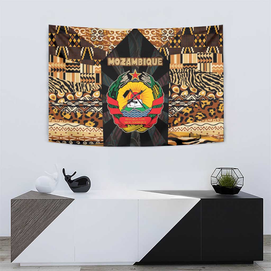 Mozambique Tapestry with Black Brown Tribal Design and National Emblem - Wonder Print Shop
