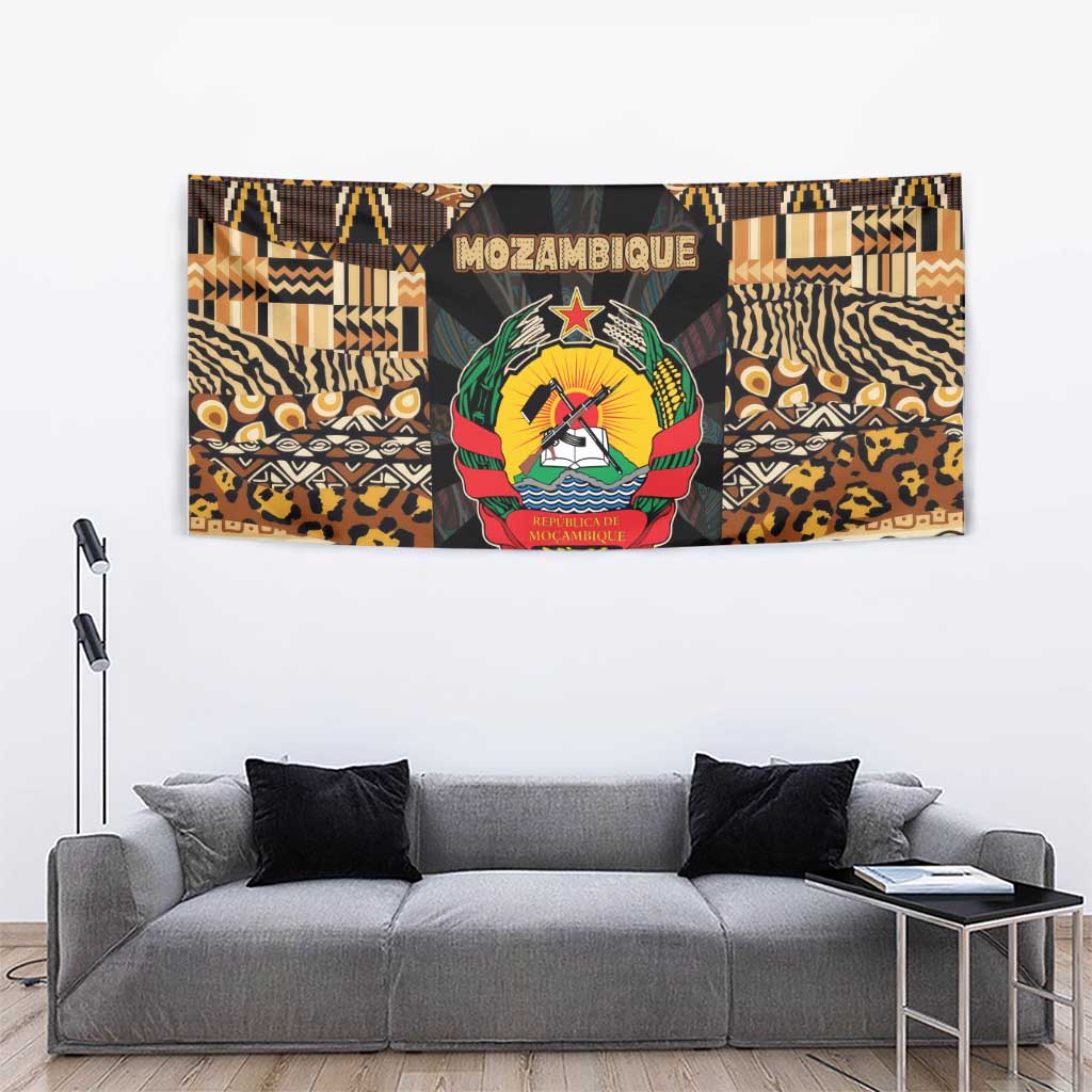 Mozambique Tapestry with Black Brown Tribal Design and National Emblem - Wonder Print Shop