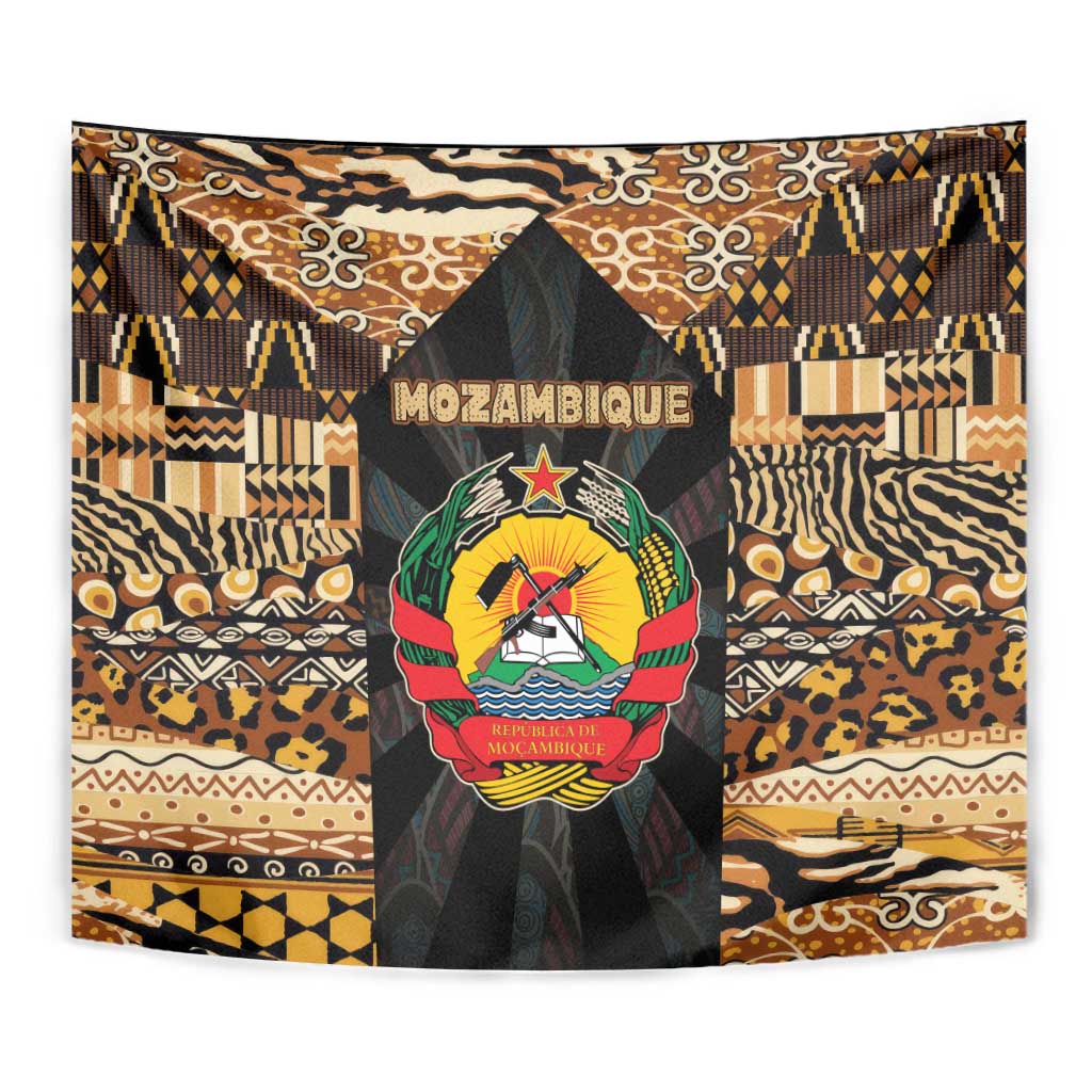 Mozambique Tapestry with Black Brown Tribal Design and National Emblem - Wonder Print Shop