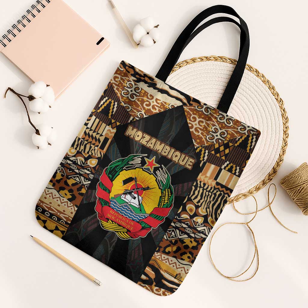 Mozambique Tote Bag with Black Brown Tribal Design and National Emblem - Wonder Print Shop