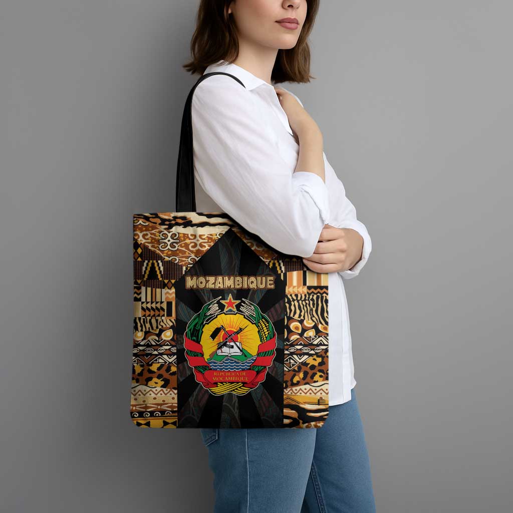 Mozambique Tote Bag with Black Brown Tribal Design and National Emblem - Wonder Print Shop