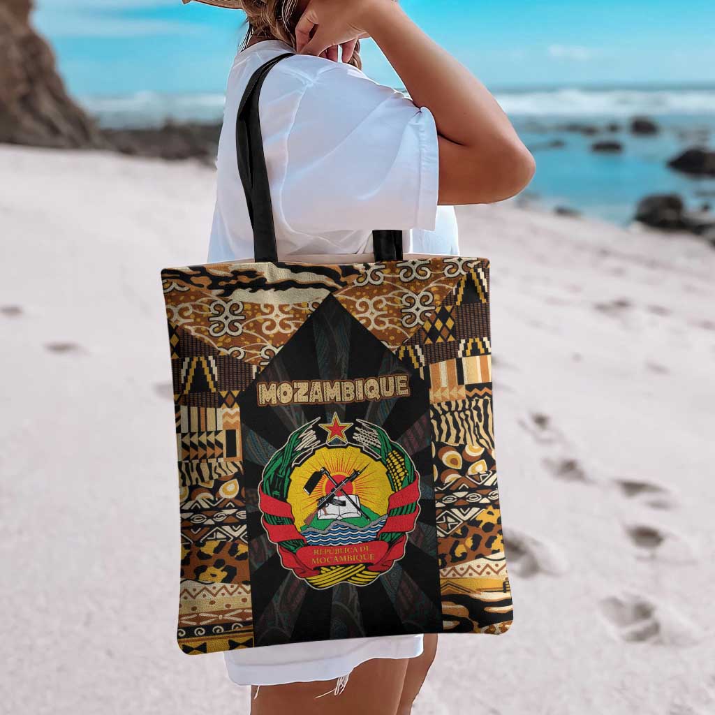 Mozambique Tote Bag with Black Brown Tribal Design and National Emblem - Wonder Print Shop