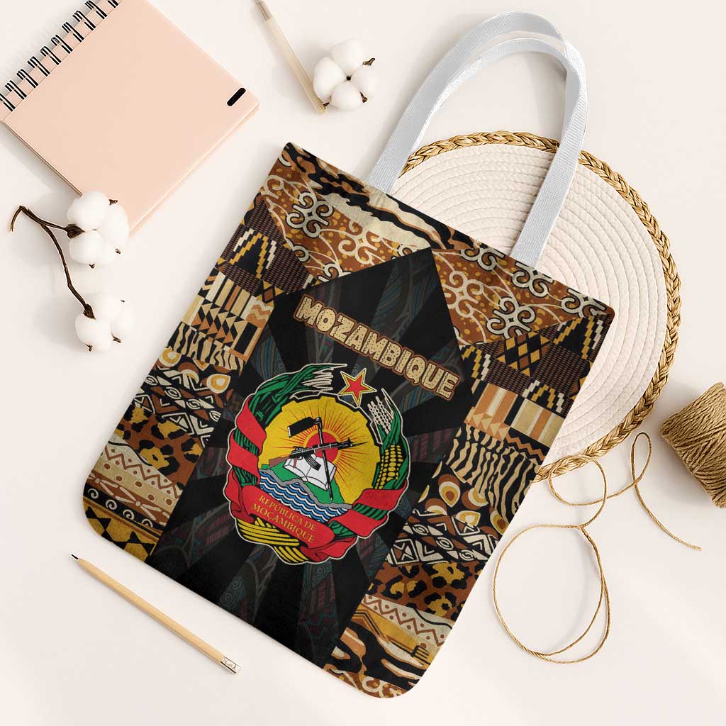 Mozambique Tote Bag with Black Brown Tribal Design and National Emblem - Wonder Print Shop