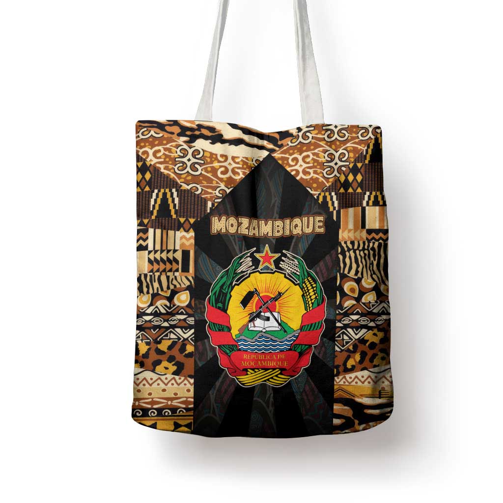 Mozambique Tote Bag with Black Brown Tribal Design and National Emblem - Wonder Print Shop