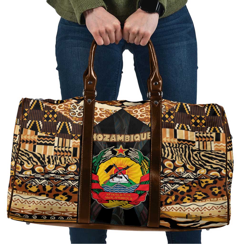 Mozambique Travel Bag with Black Brown Tribal Design and National Emblem - Wonder Print Shop