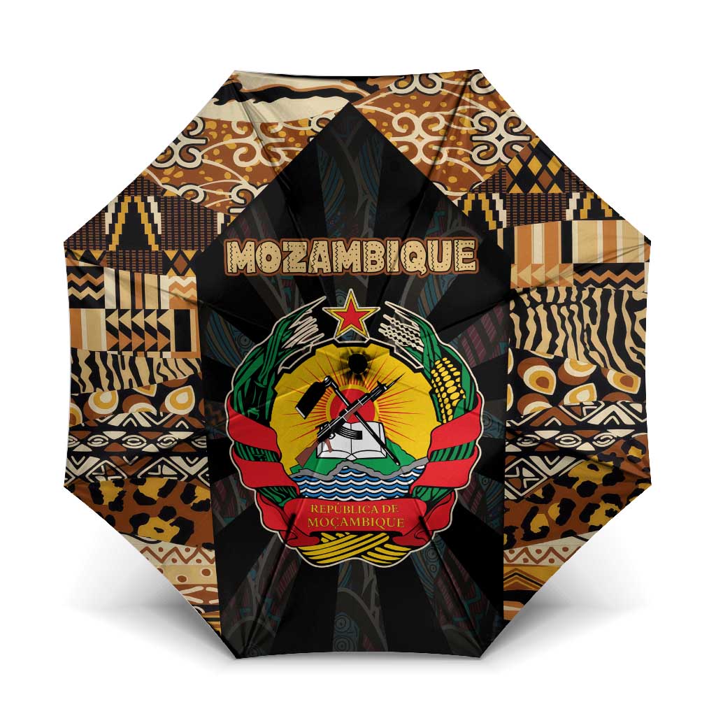 Mozambique Umbrella with Black Brown Tribal Design and National Emblem - Wonder Print Shop