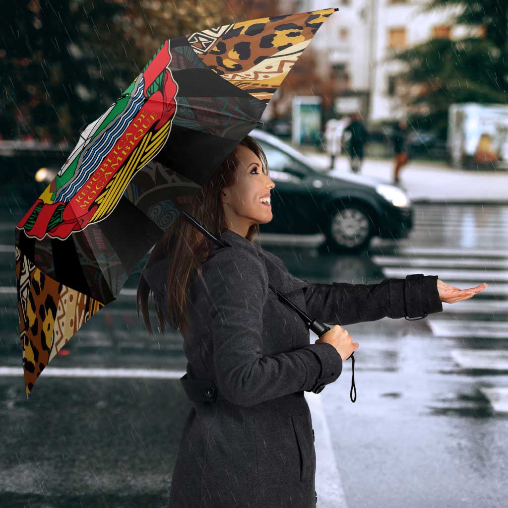 Mozambique Umbrella with Black Brown Tribal Design and National Emblem - Wonder Print Shop
