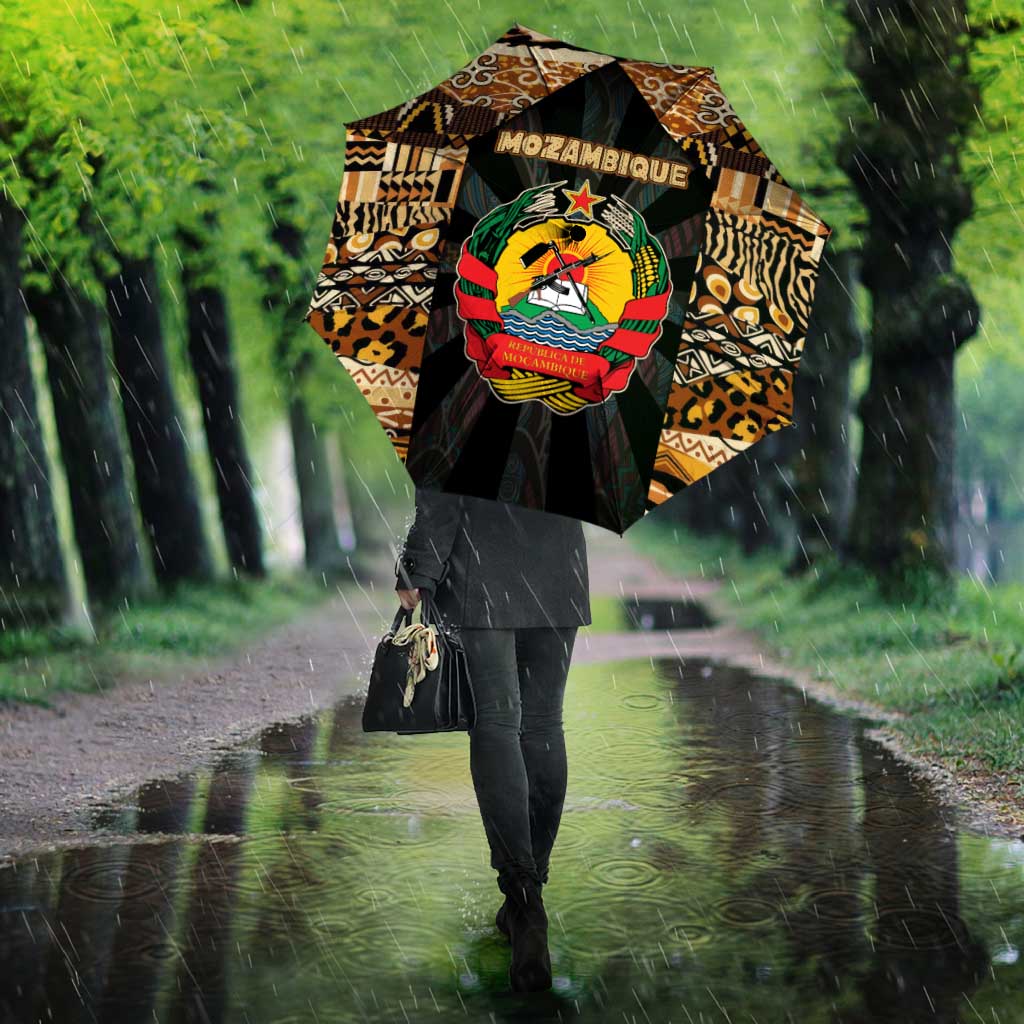 Mozambique Umbrella with Black Brown Tribal Design and National Emblem - Wonder Print Shop