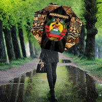 Mozambique Umbrella with Black Brown Tribal Design and National Emblem - Wonder Print Shop
