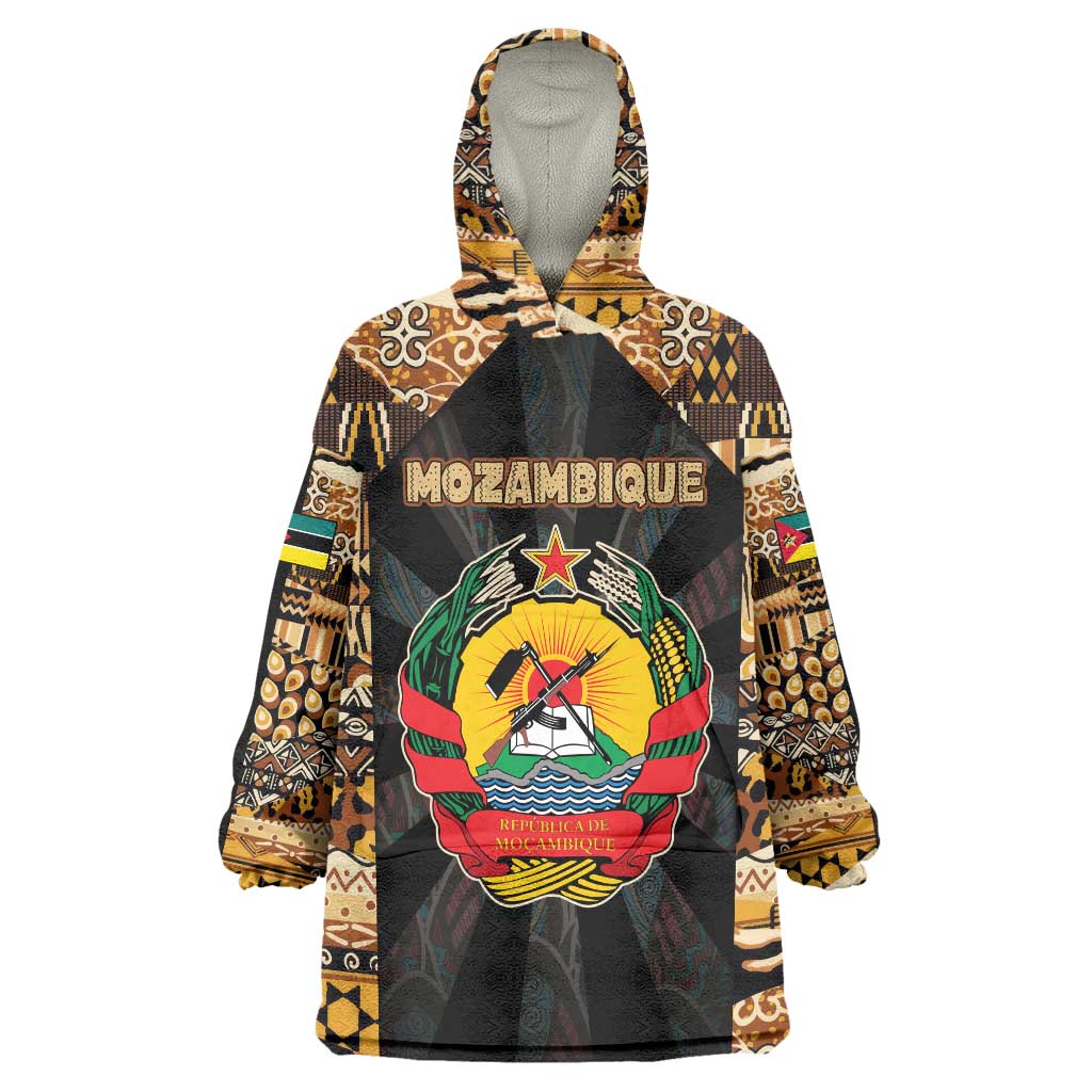 Mozambique Wearable Blanket Hoodie with Black Brown Tribal Design and National Emblem - Wonder Print Shop