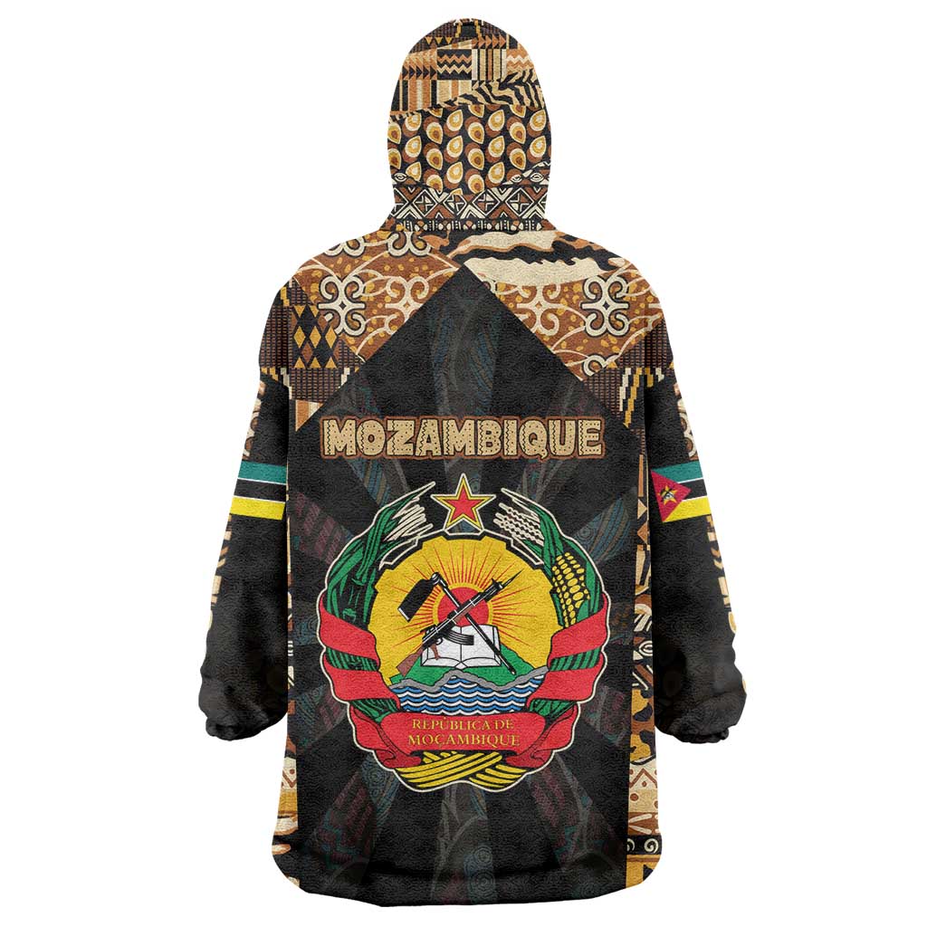 Mozambique Wearable Blanket Hoodie with Black Brown Tribal Design and National Emblem - Wonder Print Shop