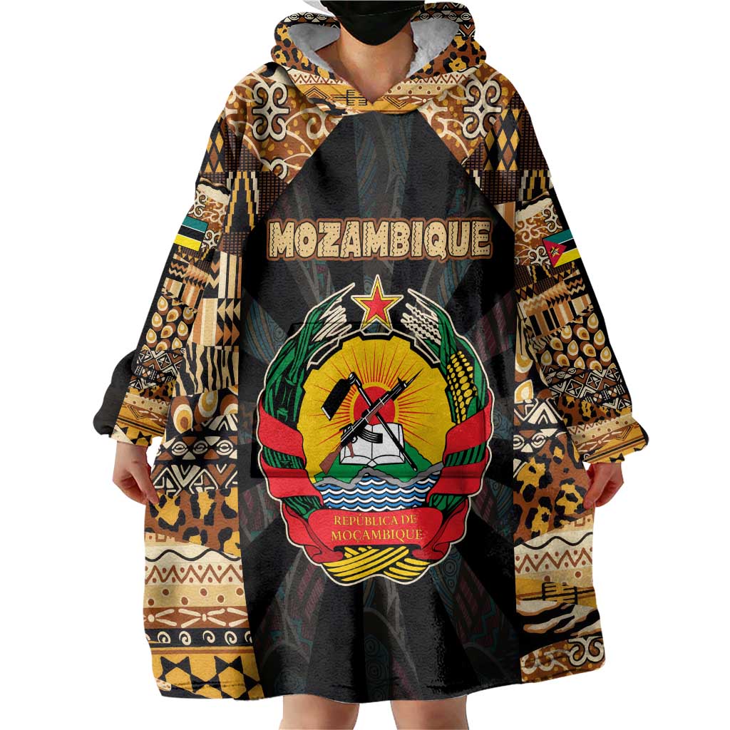 Mozambique Wearable Blanket Hoodie with Black Brown Tribal Design and National Emblem - Wonder Print Shop