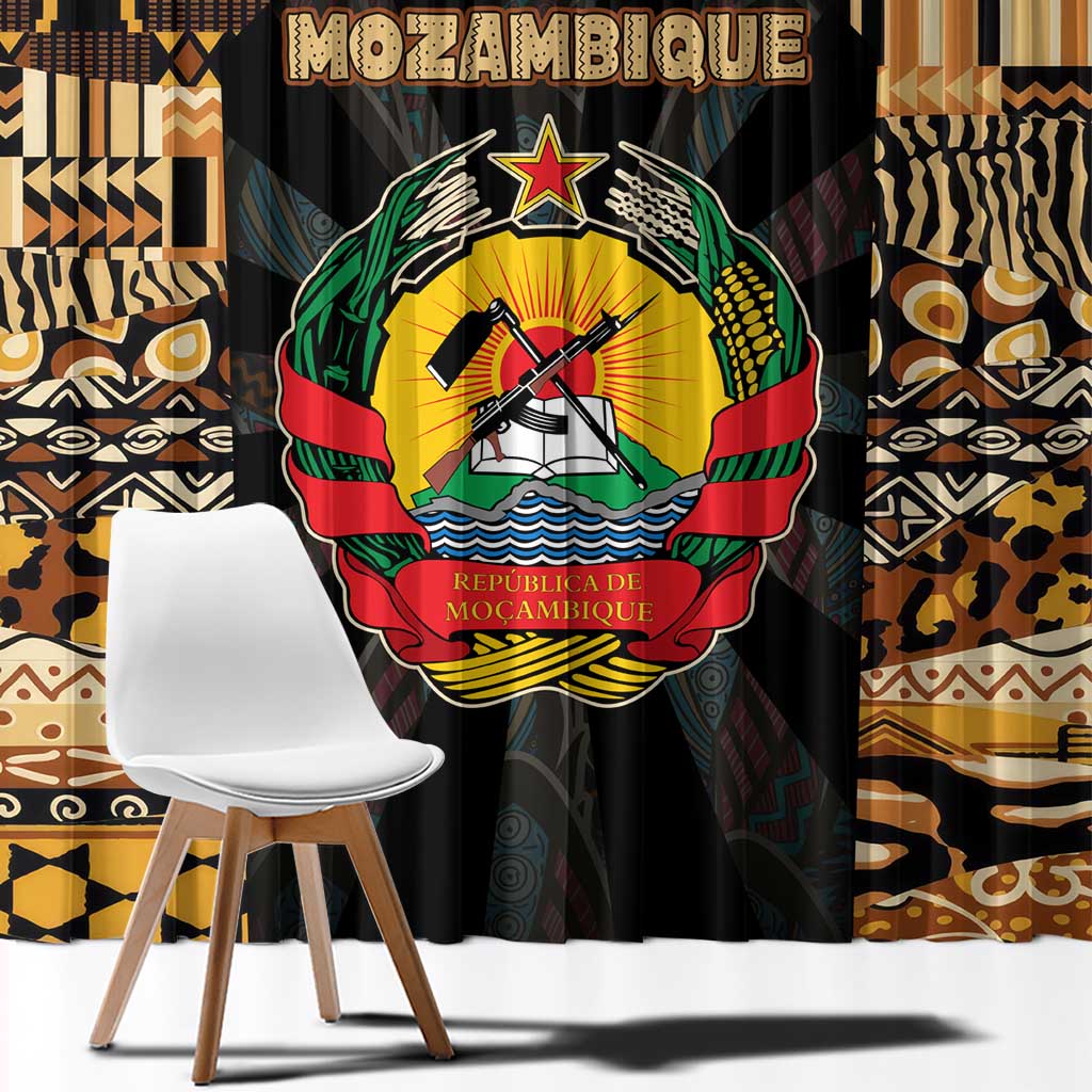 Mozambique Window Curtain with Black Brown Tribal Design and National Emblem - Wonder Print Shop