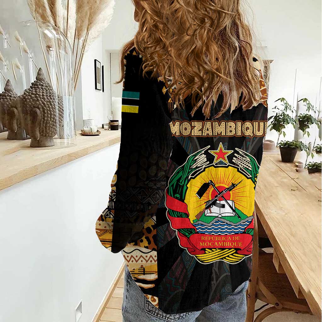 Mozambique Women Casual Shirt with Black Brown Tribal Design and National Emblem - Wonder Print Shop