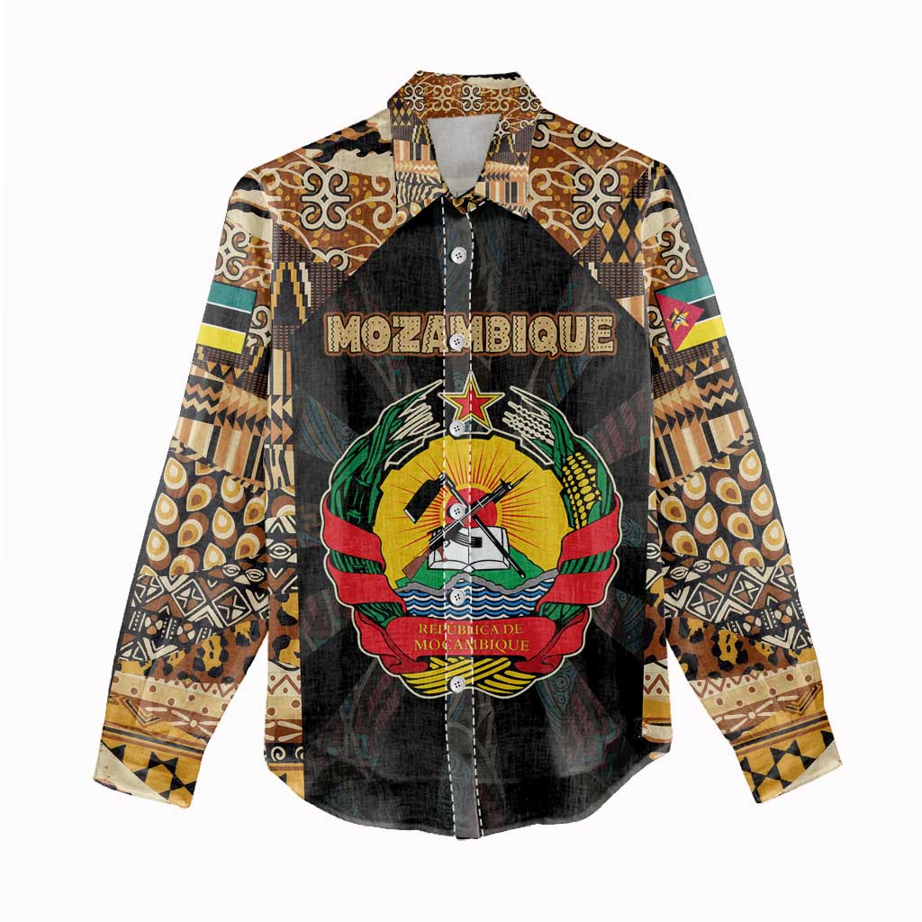 Mozambique Women Casual Shirt with Black Brown Tribal Design and National Emblem - Wonder Print Shop