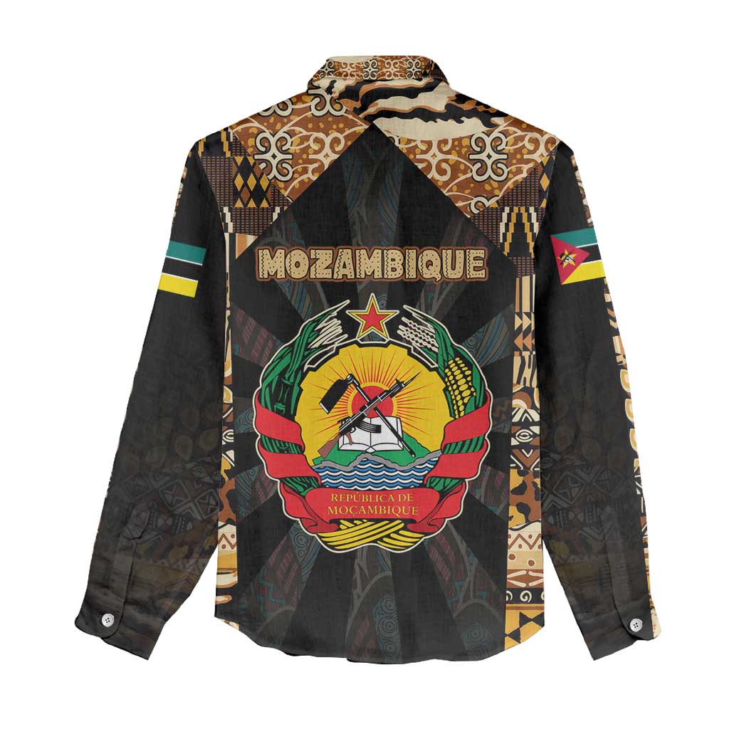 Mozambique Women Casual Shirt with Black Brown Tribal Design and National Emblem - Wonder Print Shop