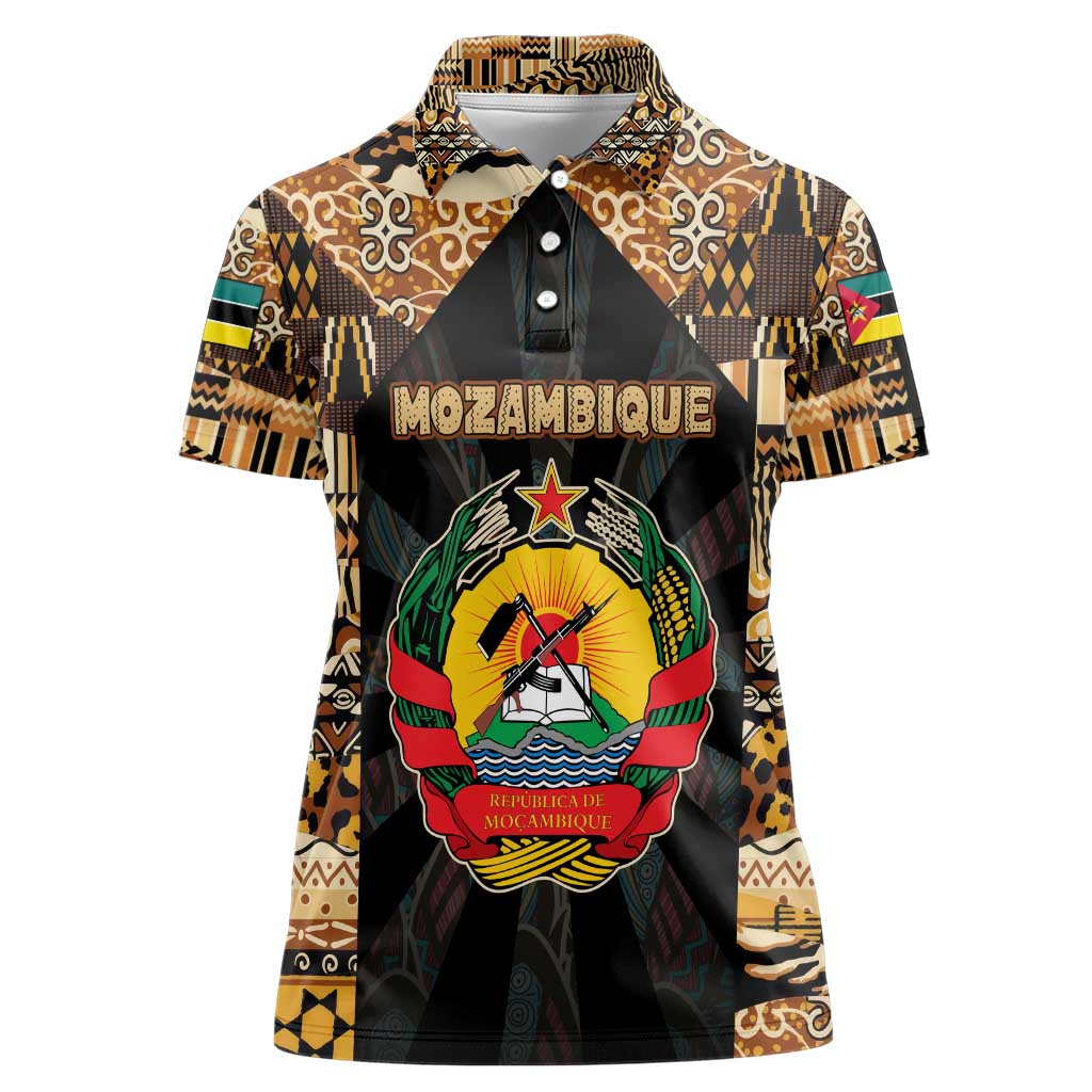 Mozambique Women Polo Shirt with Black Brown Tribal Design and National Emblem - Wonder Print Shop