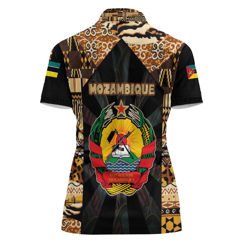 Mozambique Women Polo Shirt with Black Brown Tribal Design and National Emblem - Wonder Print Shop