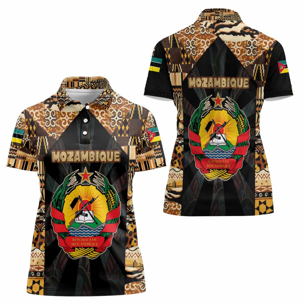 Mozambique Women Polo Shirt with Black Brown Tribal Design and National Emblem - Wonder Print Shop