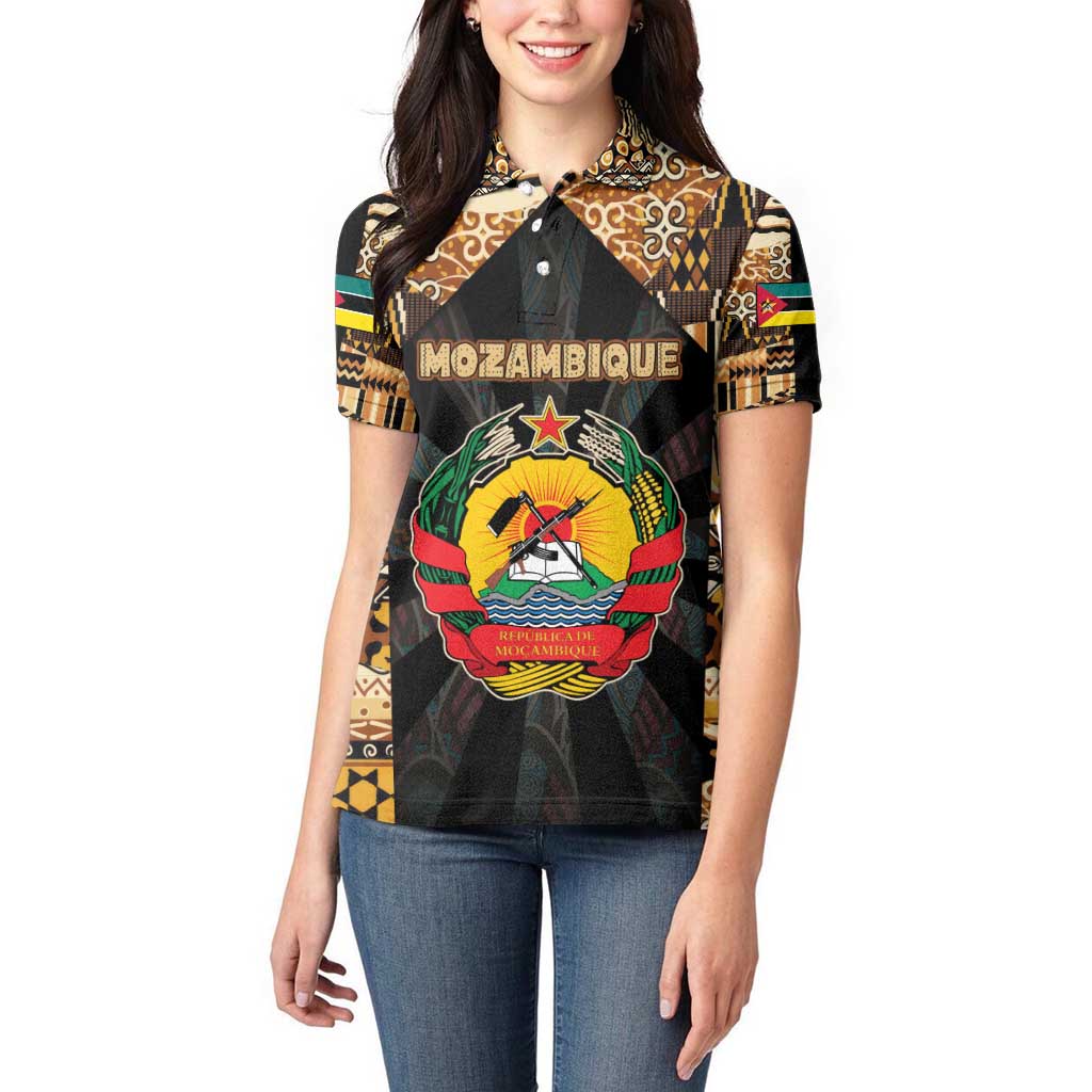 Mozambique Women Polo Shirt with Black Brown Tribal Design and National Emblem - Wonder Print Shop