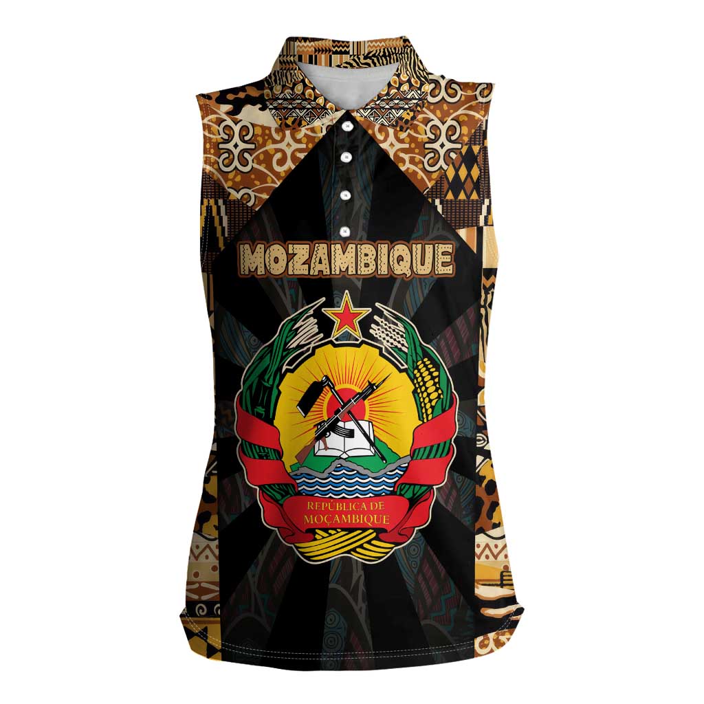 Mozambique Women Sleeveless Polo Shirt with Black Brown Tribal Design and National Emblem - Wonder Print Shop