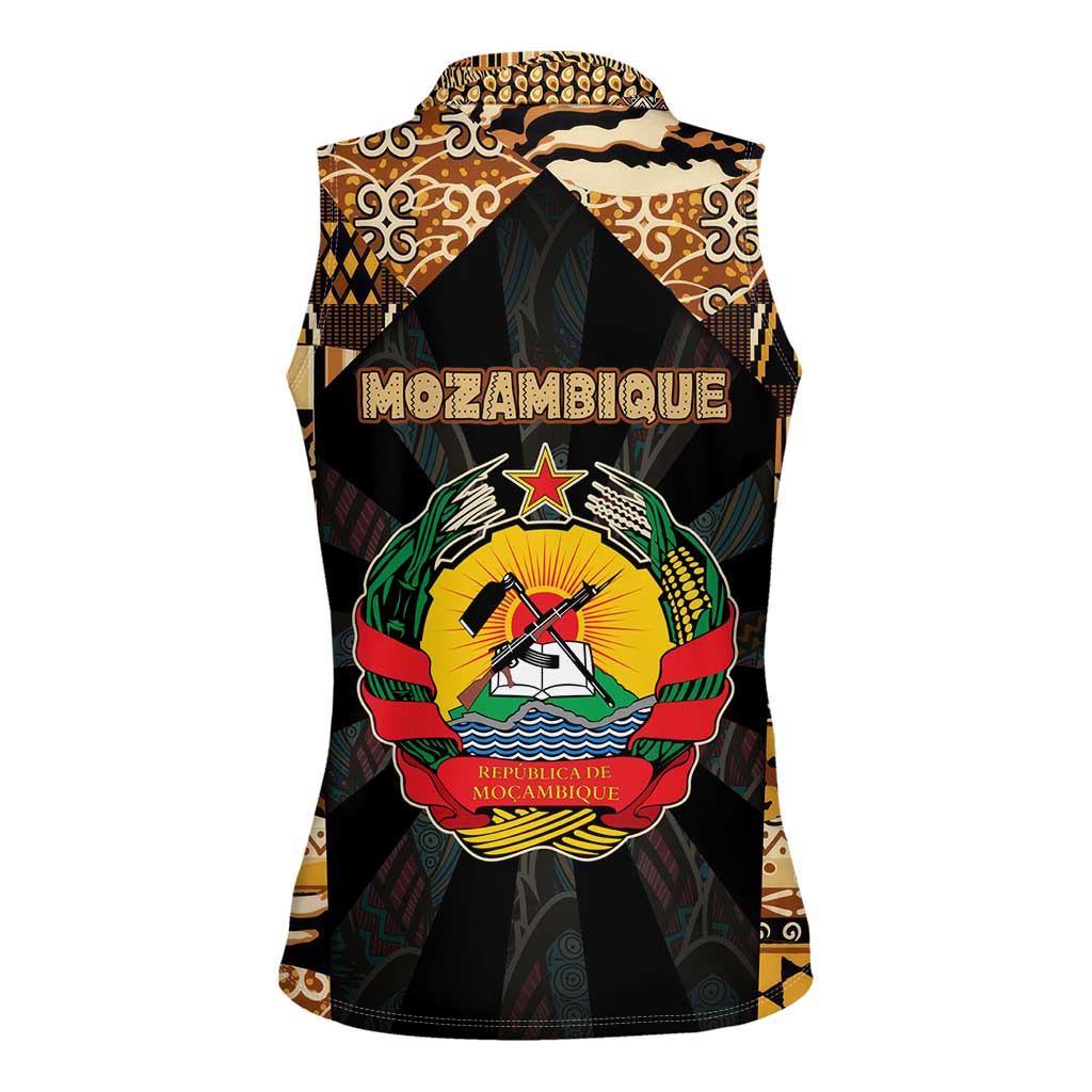 Mozambique Women Sleeveless Polo Shirt with Black Brown Tribal Design and National Emblem - Wonder Print Shop