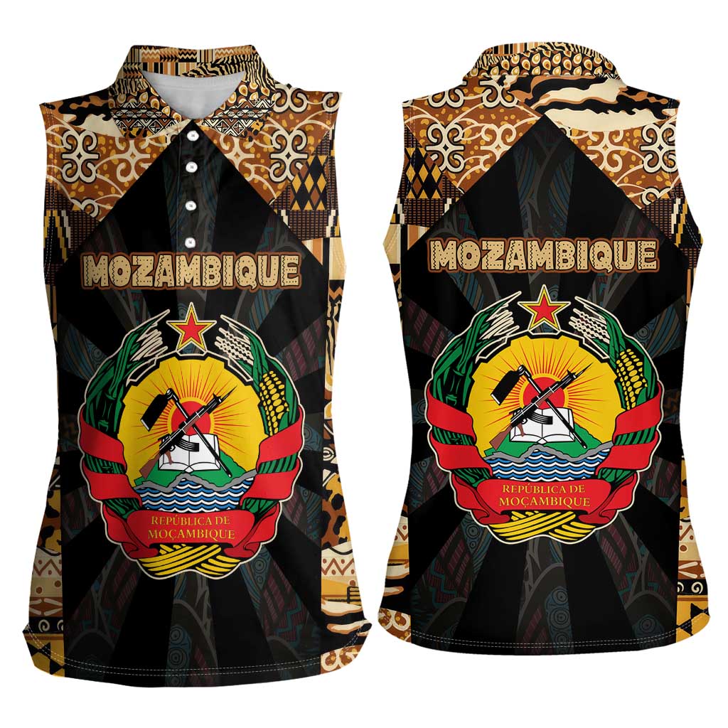 Mozambique Women Sleeveless Polo Shirt with Black Brown Tribal Design and National Emblem - Wonder Print Shop