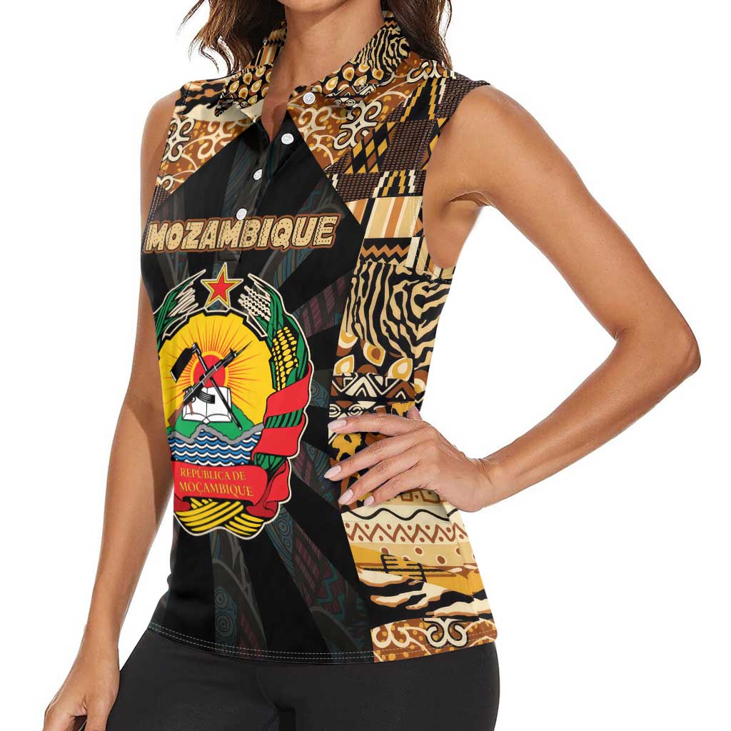 Mozambique Women Sleeveless Polo Shirt with Black Brown Tribal Design and National Emblem - Wonder Print Shop