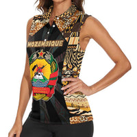 Mozambique Women Sleeveless Polo Shirt with Black Brown Tribal Design and National Emblem - Wonder Print Shop
