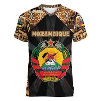 Mozambique Women V-Neck T-Shirt with Black Brown Tribal Design and National Emblem - Wonder Print Shop
