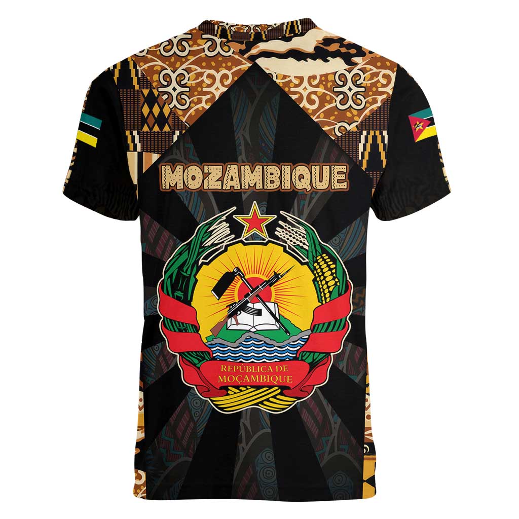 Mozambique Women V-Neck T-Shirt with Black Brown Tribal Design and National Emblem - Wonder Print Shop