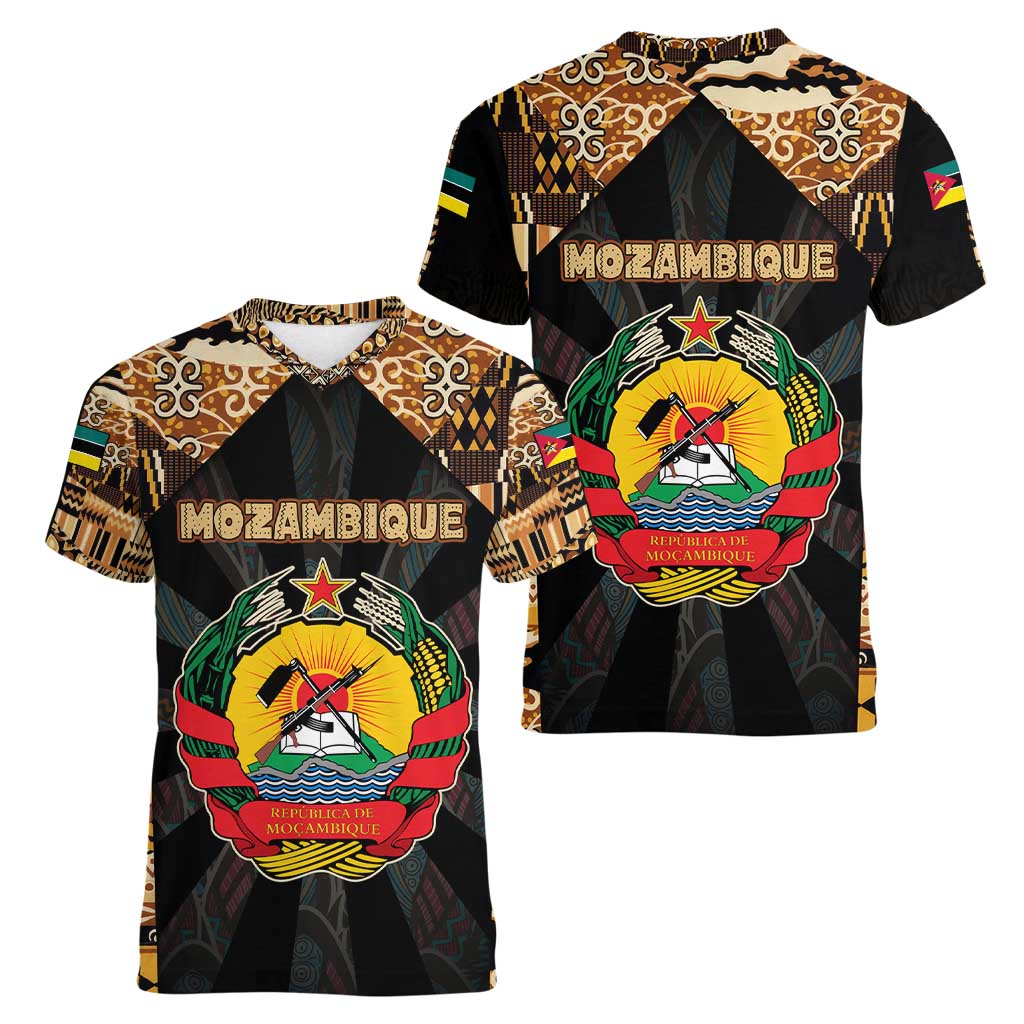 Mozambique Women V-Neck T-Shirt with Black Brown Tribal Design and National Emblem - Wonder Print Shop