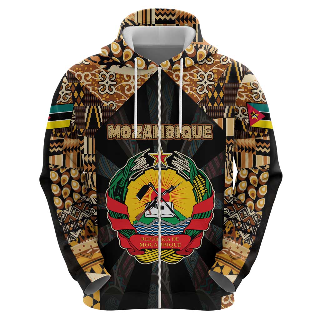 Mozambique Zip Hoodie with Black Brown Tribal Design and National Emblem - Wonder Print Shop