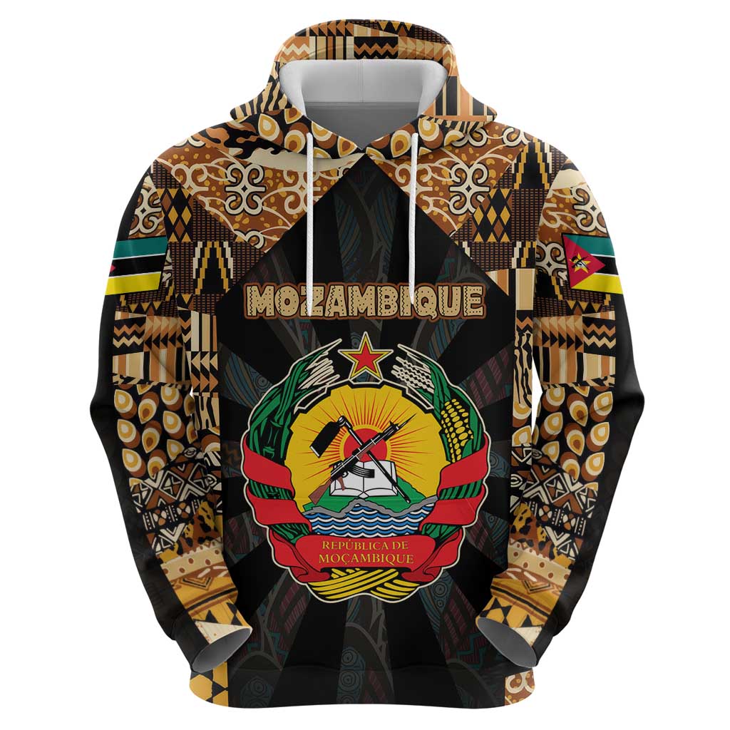 Mozambique Zip Hoodie with Black Brown Tribal Design and National Emblem - Wonder Print Shop