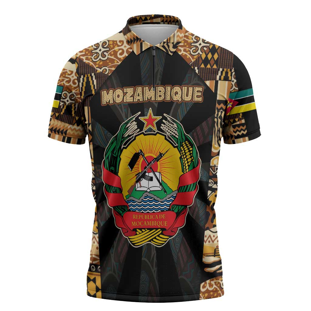 Mozambique Zipper Polo Shirt with Black Brown Tribal Design and National Emblem - Wonder Print Shop