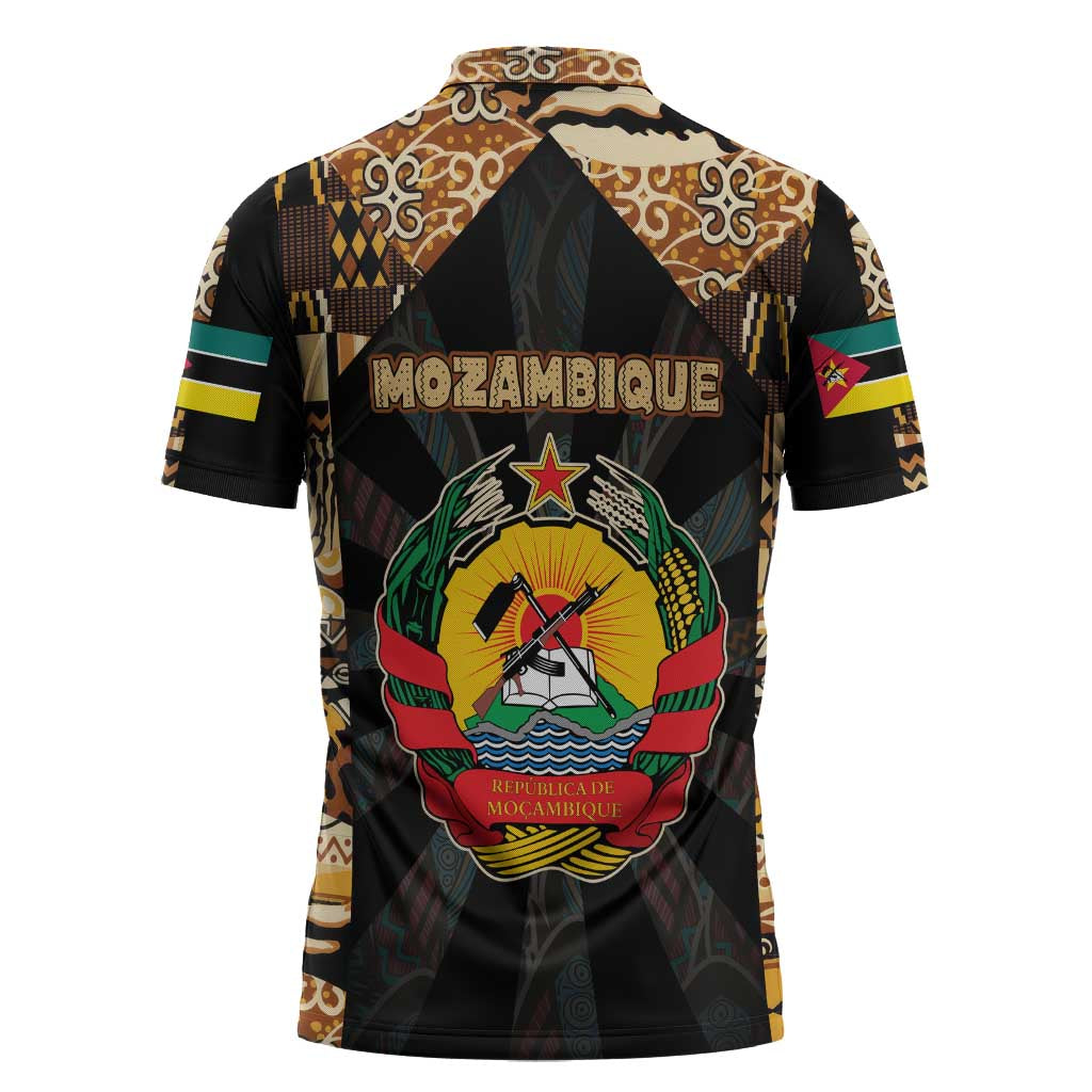 Mozambique Zipper Polo Shirt with Black Brown Tribal Design and National Emblem - Wonder Print Shop