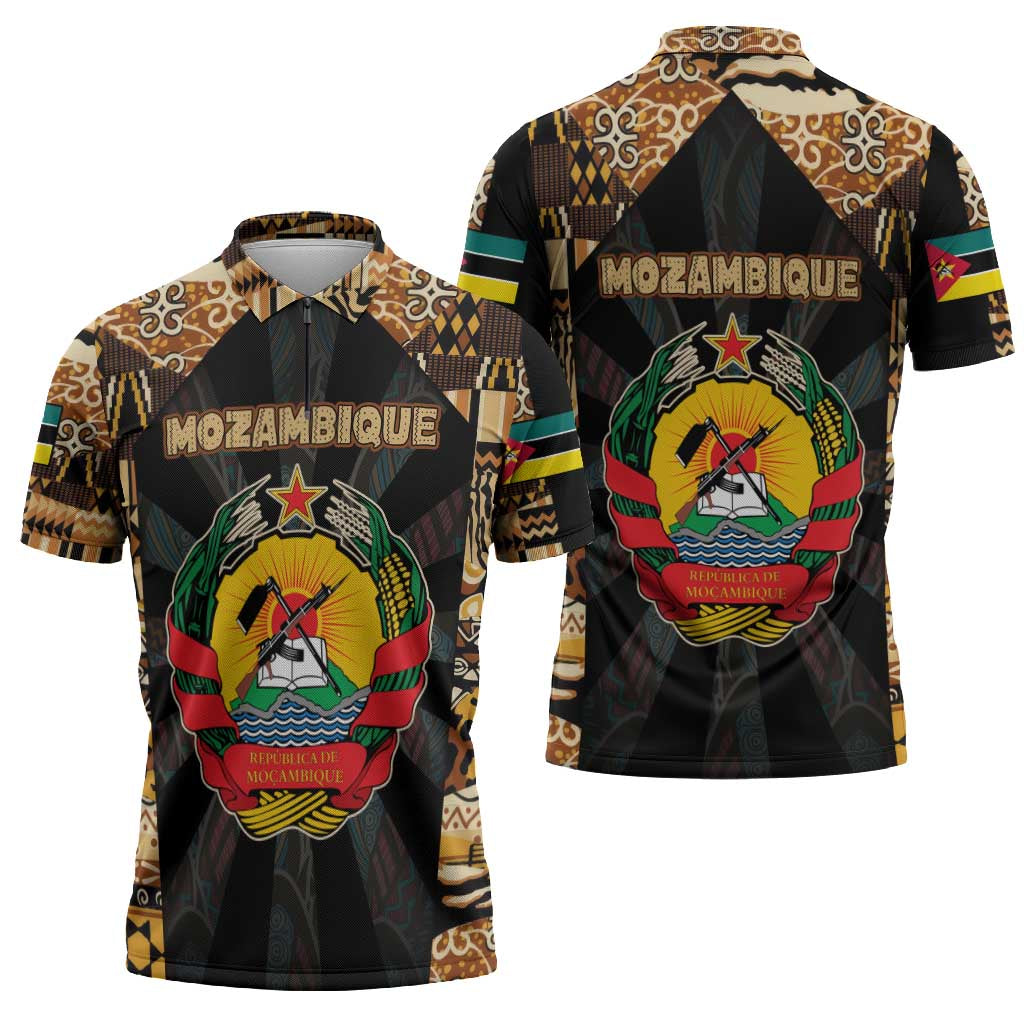Mozambique Zipper Polo Shirt with Black Brown Tribal Design and National Emblem - Wonder Print Shop