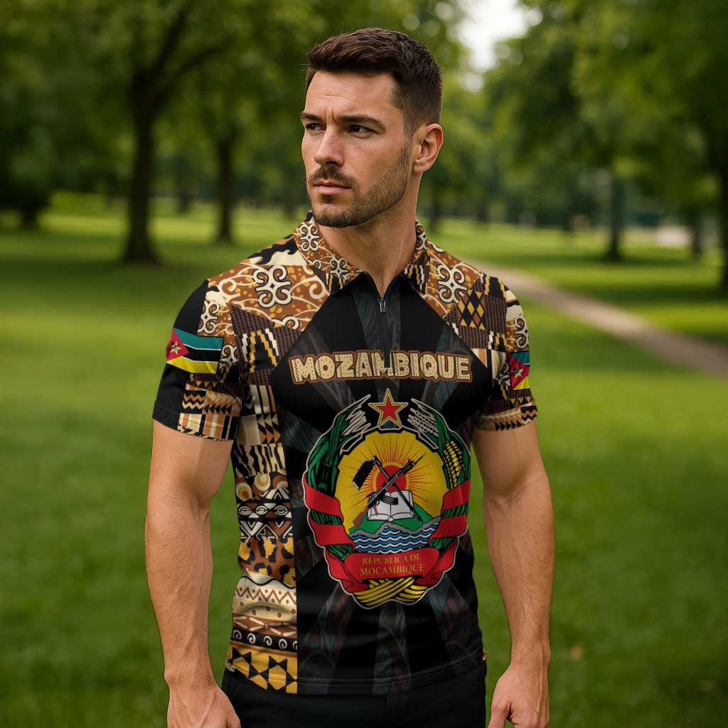 Mozambique Zipper Polo Shirt with Black Brown Tribal Design and National Emblem - Wonder Print Shop