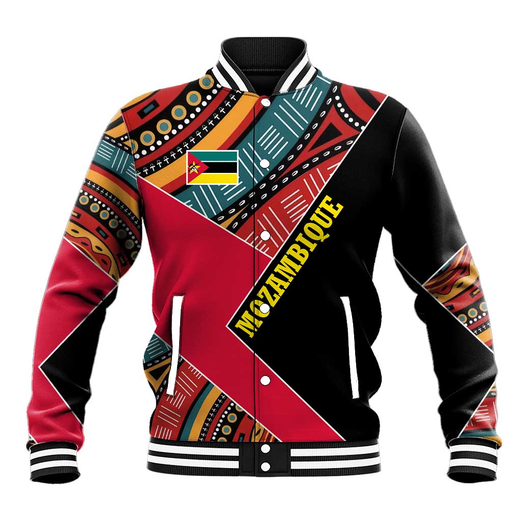 Mozambique Baseball Jacket with Red Black Geometric Design and Tribal Pattern - Wonder Print Shop