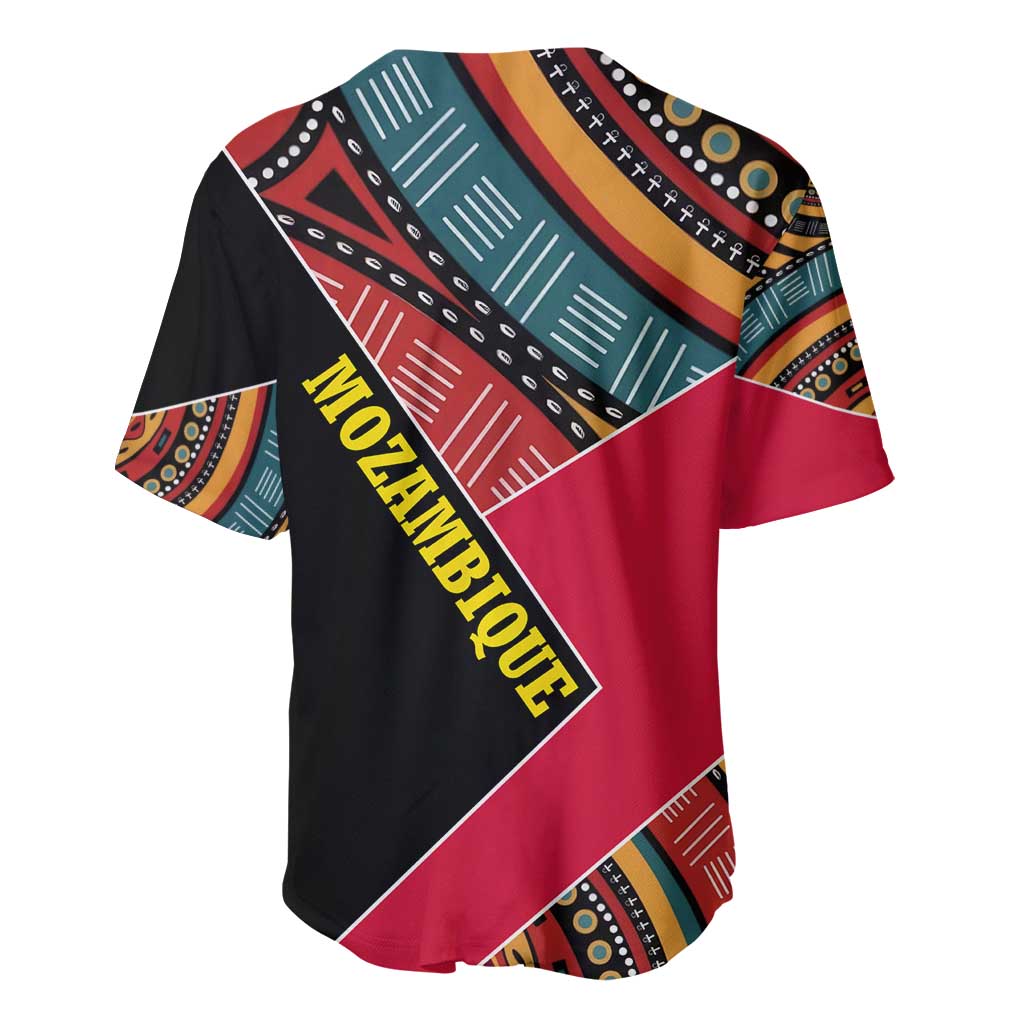 Mozambique Baseball Jersey with Red Black Geometric Design and Tribal Pattern - Wonder Print Shop
