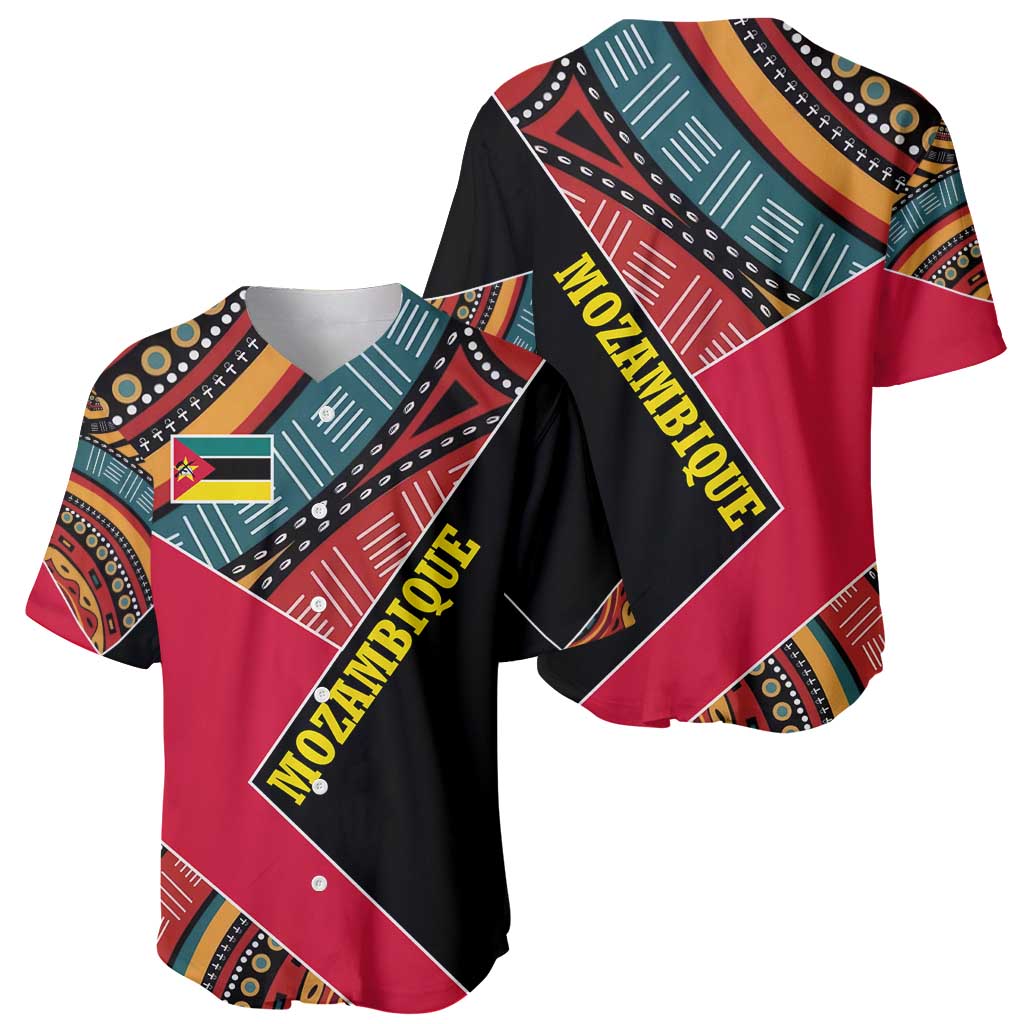 Mozambique Baseball Jersey with Red Black Geometric Design and Tribal Pattern - Wonder Print Shop