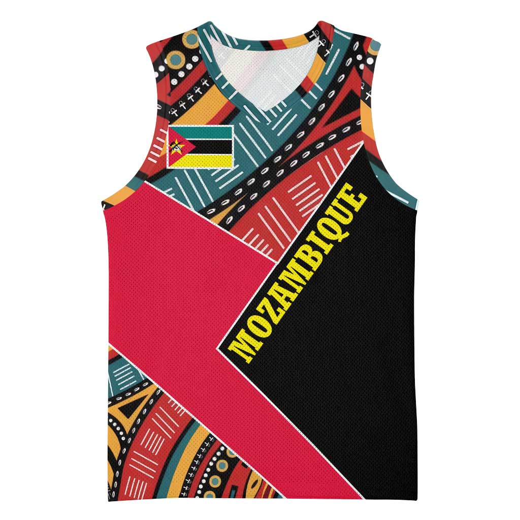 Mozambique Basketball Jersey with Red Black Geometric Design and Tribal Pattern - Wonder Print Shop