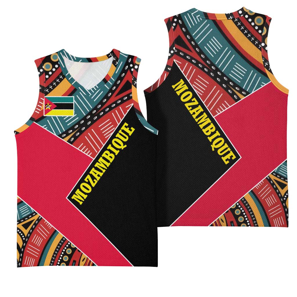 Mozambique Basketball Jersey with Red Black Geometric Design and Tribal Pattern - Wonder Print Shop