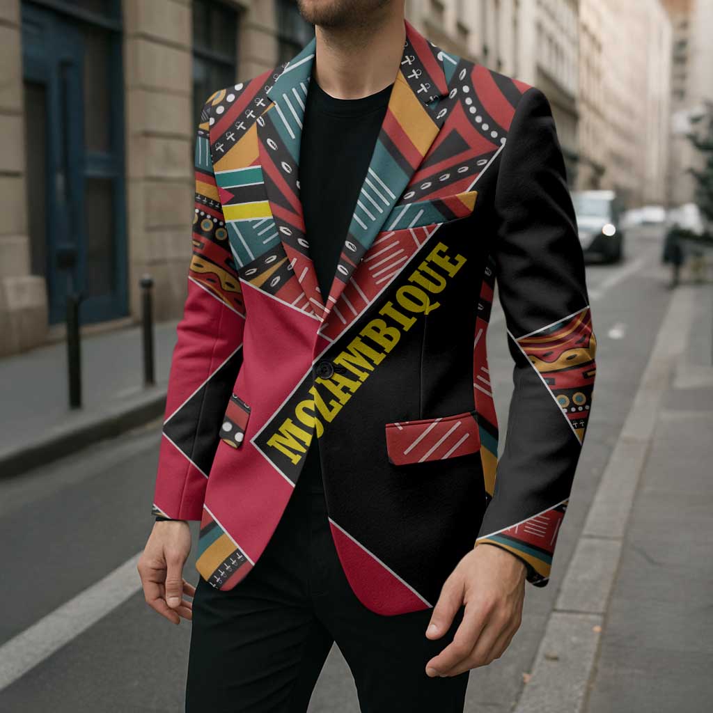 Mozambique Blazer with Red Black Geometric Design and Tribal Pattern - Wonder Print Shop