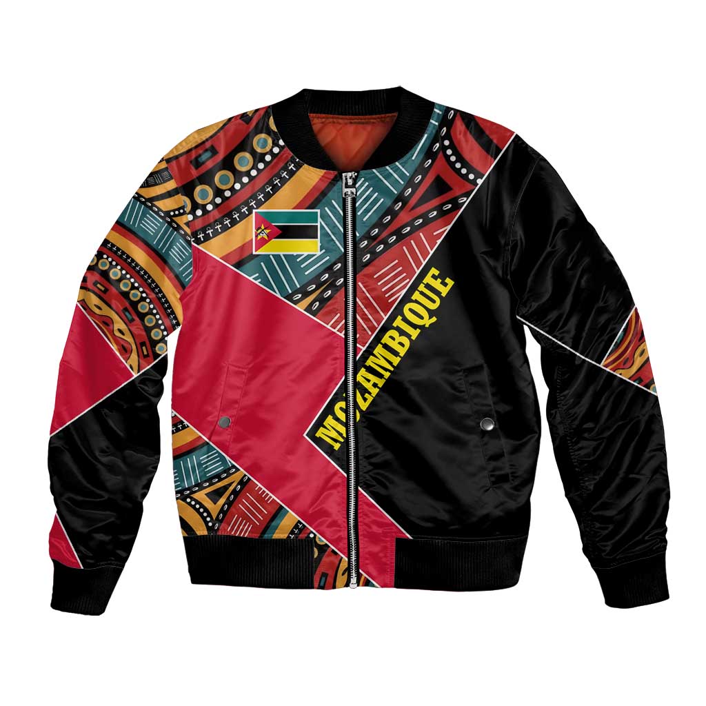 Mozambique Bomber Jacket with Red Black Geometric Design and Tribal Pattern - Wonder Print Shop