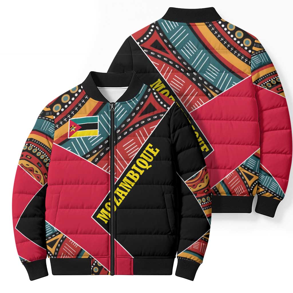 Mozambique Bomber Puffer Jacket with Red Black Geometric Design and Tribal Pattern - Wonder Print Shop